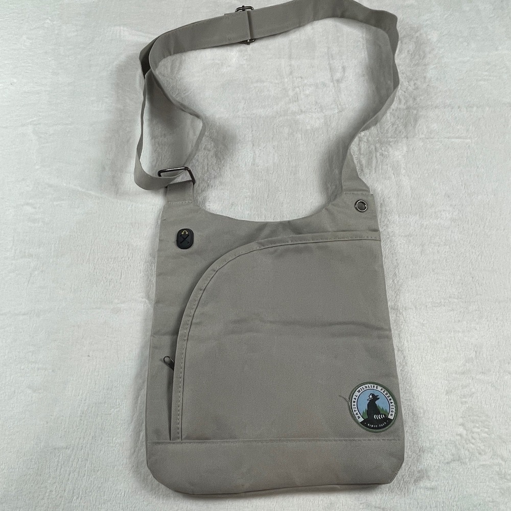 National Wildlife Federation Crossbody Bag Tan Canvas Raccoon Logo Travel Pouch